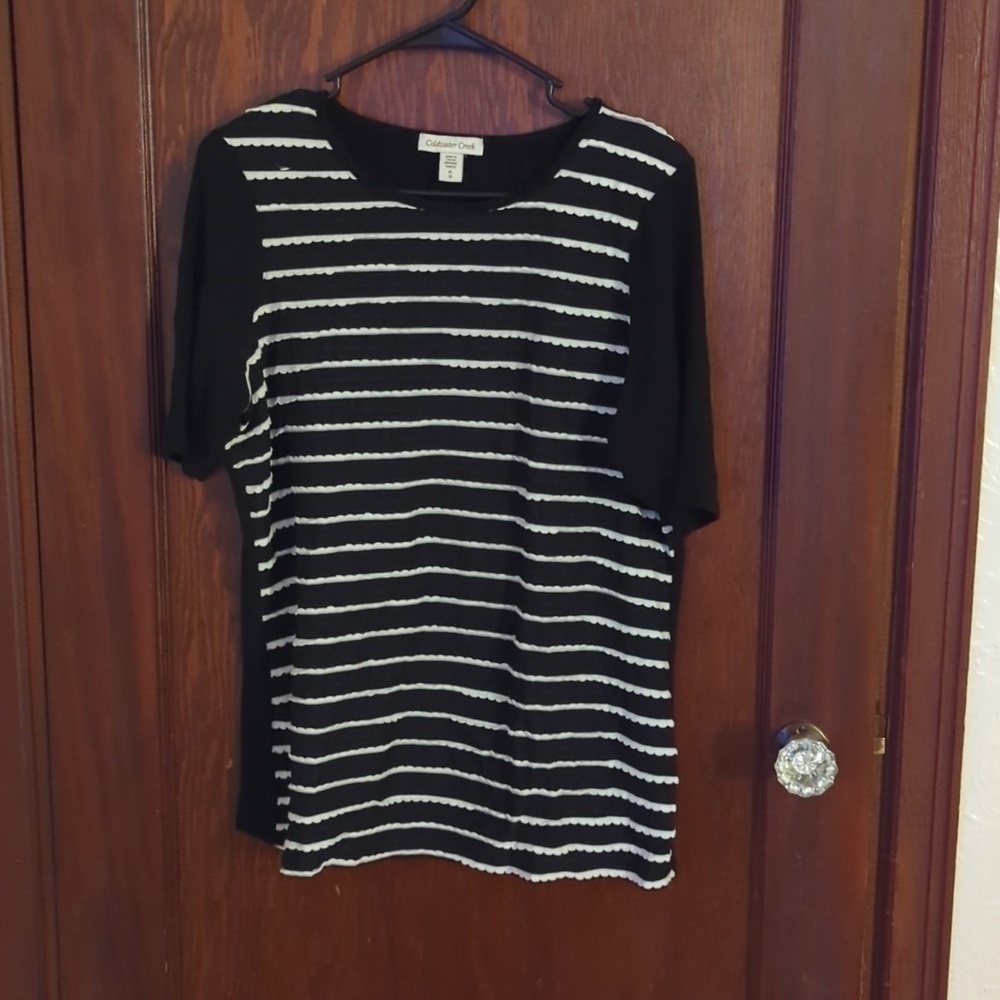 Coldwater Creek Black & White Stripe Short Sleeve Shirt Size XL